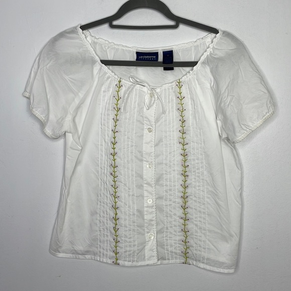𝅺Vintage Liz Claiborne drawstring neckline floral embroidered blouse - Picture 1 of 7